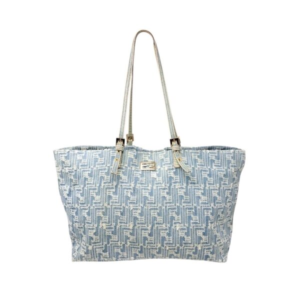 FENDI Vintage Zucca Monogram Denim Shoulder Tote Large Bag Blue FF Logo [106208] - Picture 6 of 16